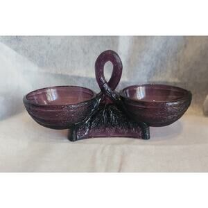Vintage L.E. Smith Amethyst Glass Double Dish with Loop Handle, Leaf Base, 8" T